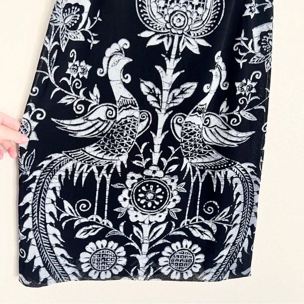Vintage VIVIENNE TAM S/S 1998 Peacock Batik Print Mesh Top + Skirt SET in Black